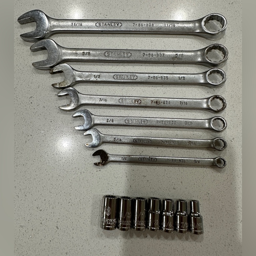 USED Stanley standard size wrenches and Husky brand 1/4” drive 12 point sockets